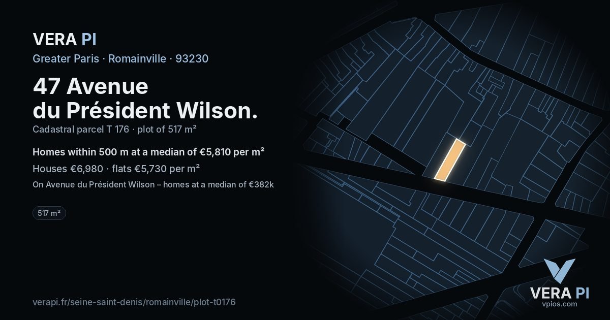 47 Avenue du Président Wilson, Romainville at night – the plot lit, the parcels around coloured by the prices near them