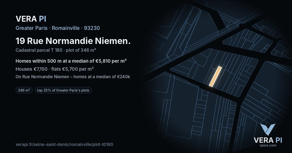 19 Rue Normandie Niemen, Romainville at night – the plot lit, the parcels around coloured by the prices near them