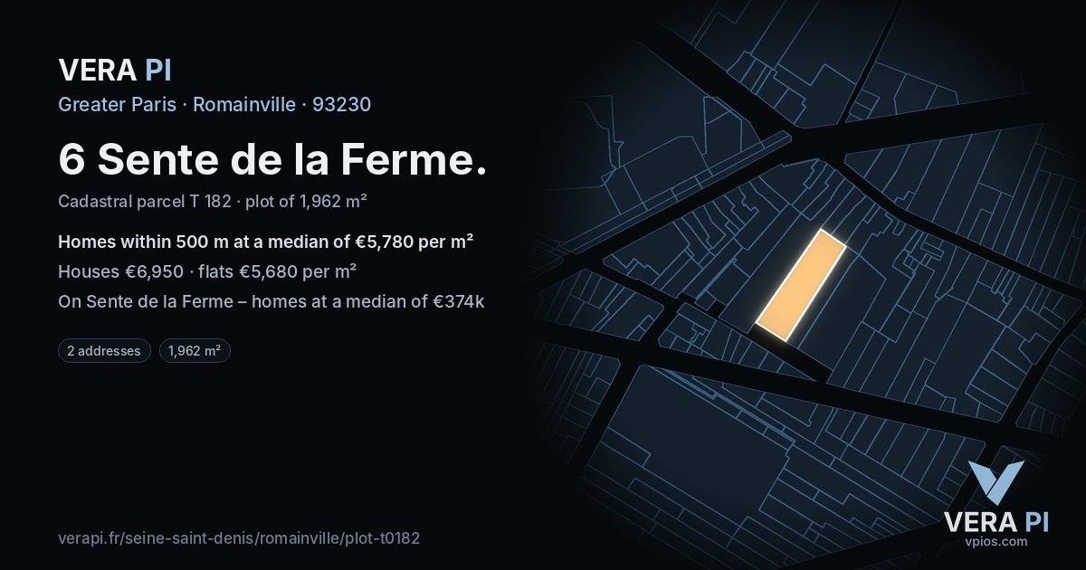 6 Sente de la Ferme, Romainville at night – the plot lit, the parcels around coloured by the prices near them