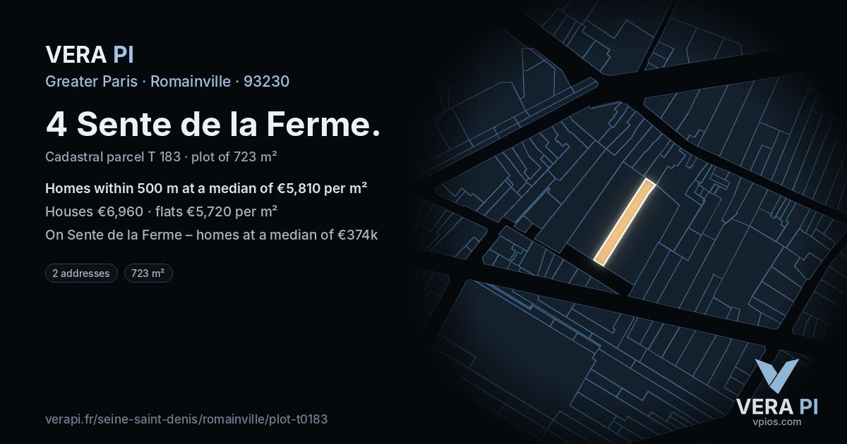 4 Sente de la Ferme, Romainville at night – the plot lit, the parcels around coloured by the prices near them