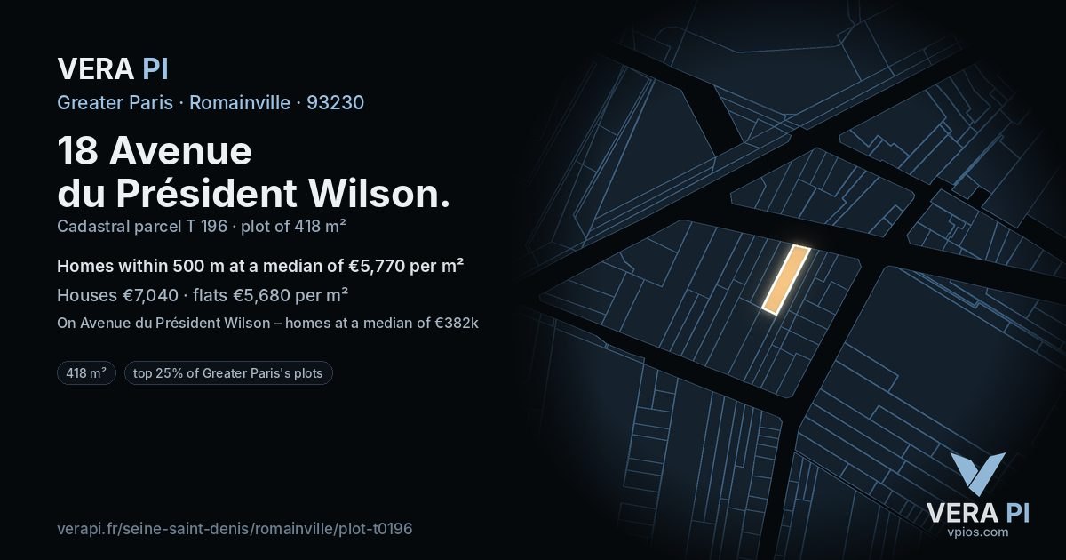 18 Avenue du Président Wilson, Romainville at night – the plot lit, the parcels around coloured by the prices near them