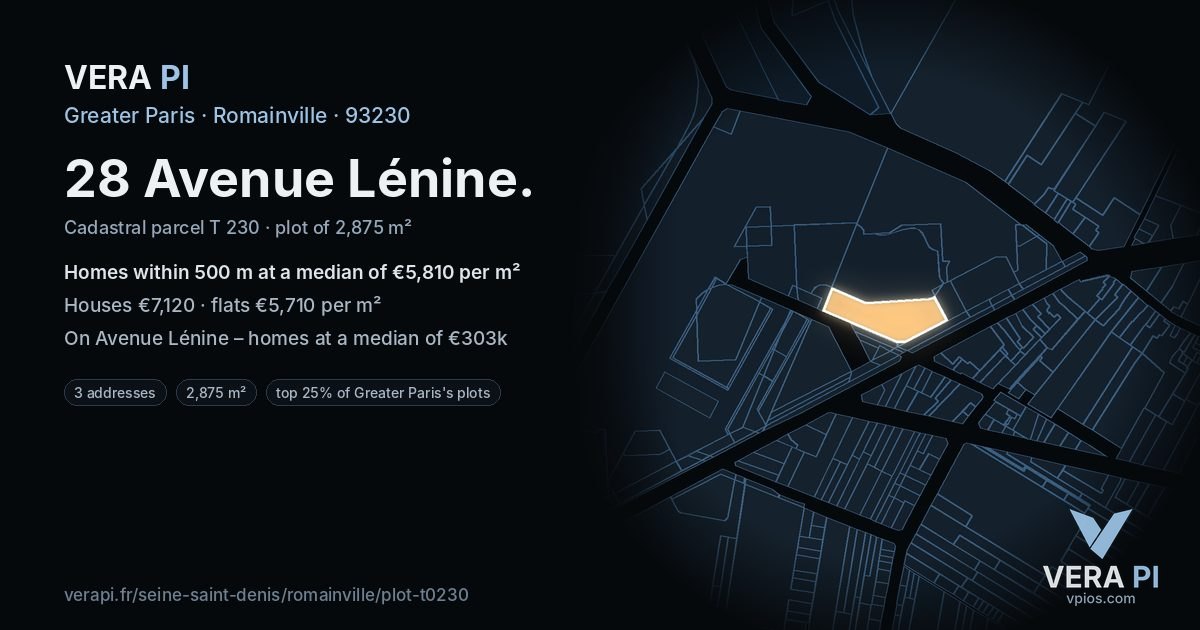 28 Avenue Lénine, Romainville at night – the plot lit, the parcels around coloured by the prices near them