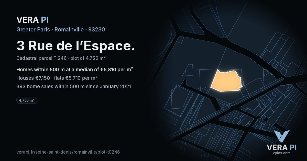 3 Rue de l’Espace, Romainville at night – the plot lit, the parcels around coloured by the prices near them