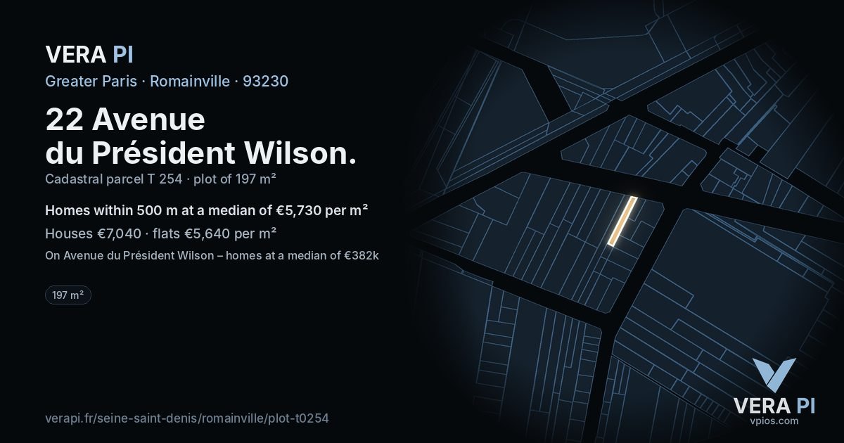 22 Avenue du Président Wilson, Romainville at night – the plot lit, the parcels around coloured by the prices near them