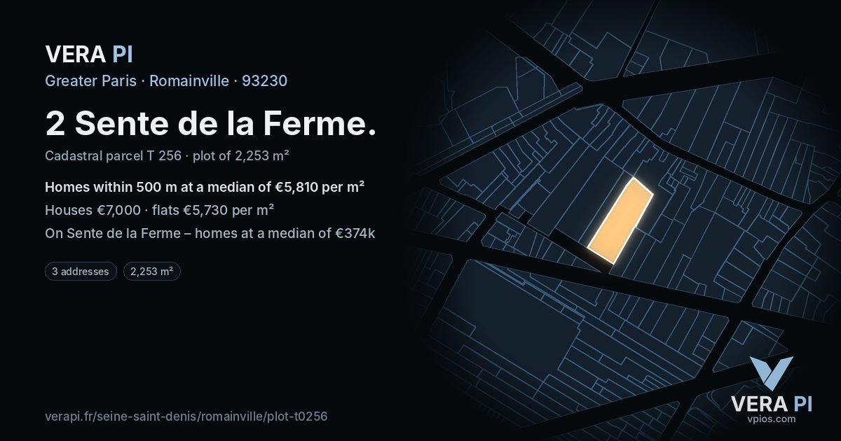 2 Sente de la Ferme, Romainville at night – the plot lit, the parcels around coloured by the prices near them