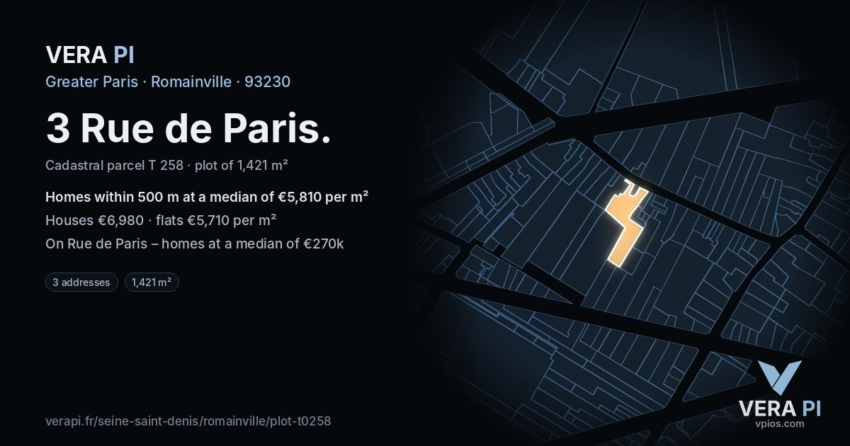 3 Rue de Paris, Romainville at night – the plot lit, the parcels around coloured by the prices near them