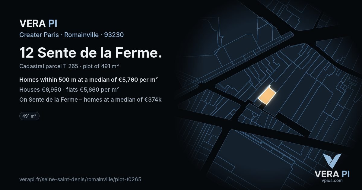12 Sente de la Ferme, Romainville at night – the plot lit, the parcels around coloured by the prices near them