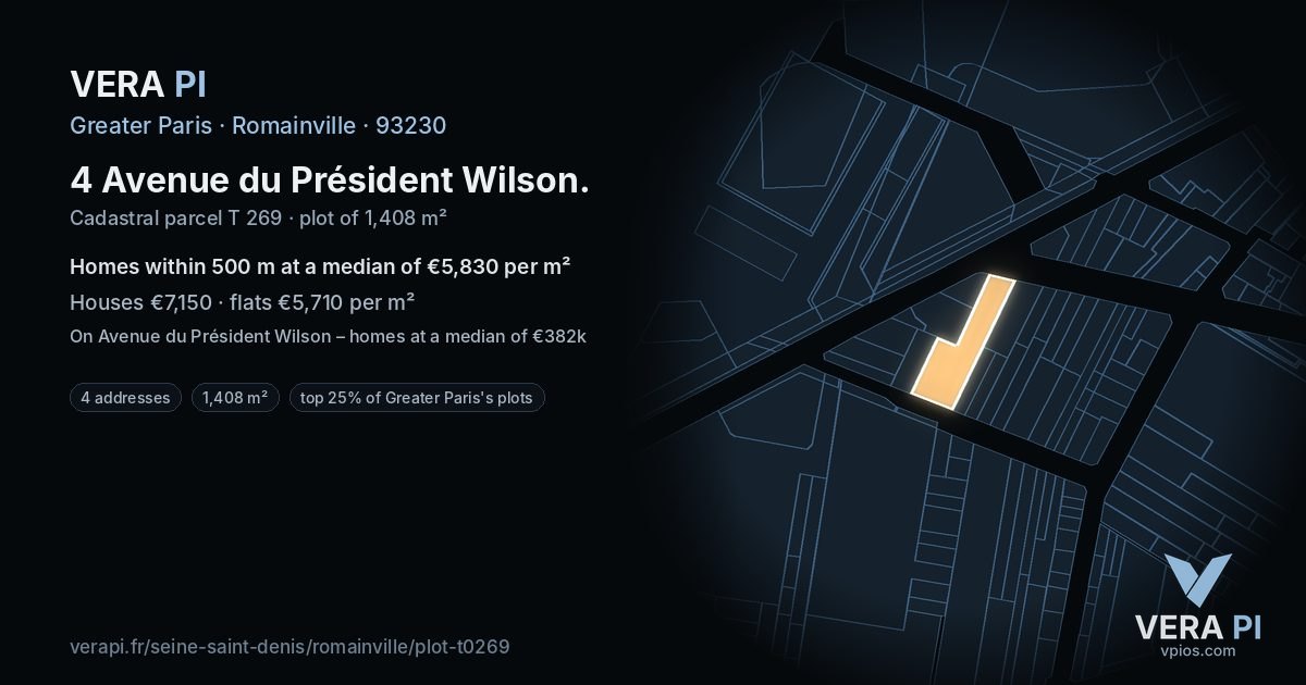 4 Avenue du Président Wilson, Romainville at night – the plot lit, the parcels around coloured by the prices near them