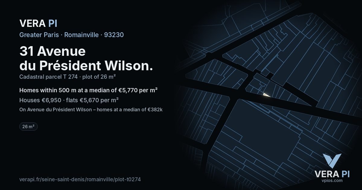31 Avenue du Président Wilson, Romainville at night – the plot lit, the parcels around coloured by the prices near them