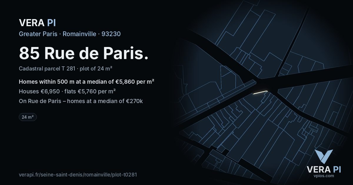 85 Rue de Paris, Romainville at night – the plot lit, the parcels around coloured by the prices near them