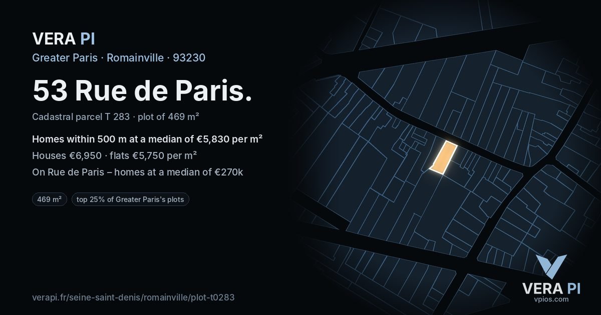 53 Rue de Paris, Romainville at night – the plot lit, the parcels around coloured by the prices near them