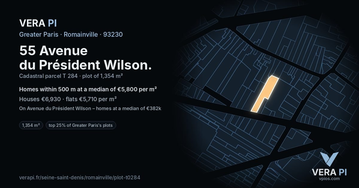 55 Avenue du Président Wilson, Romainville at night – the plot lit, the parcels around coloured by the prices near them