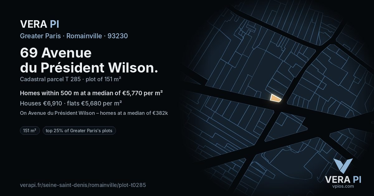 69 Avenue du Président Wilson, Romainville at night – the plot lit, the parcels around coloured by the prices near them