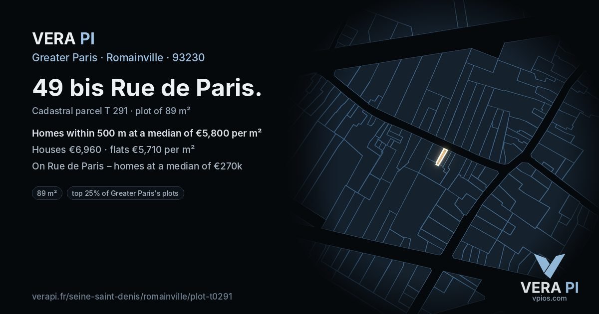 49 bis Rue de Paris, Romainville at night – the plot lit, the parcels around coloured by the prices near them