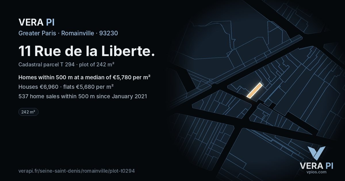 11 Rue de la Liberte, Romainville at night – the plot lit, the parcels around coloured by the prices near them