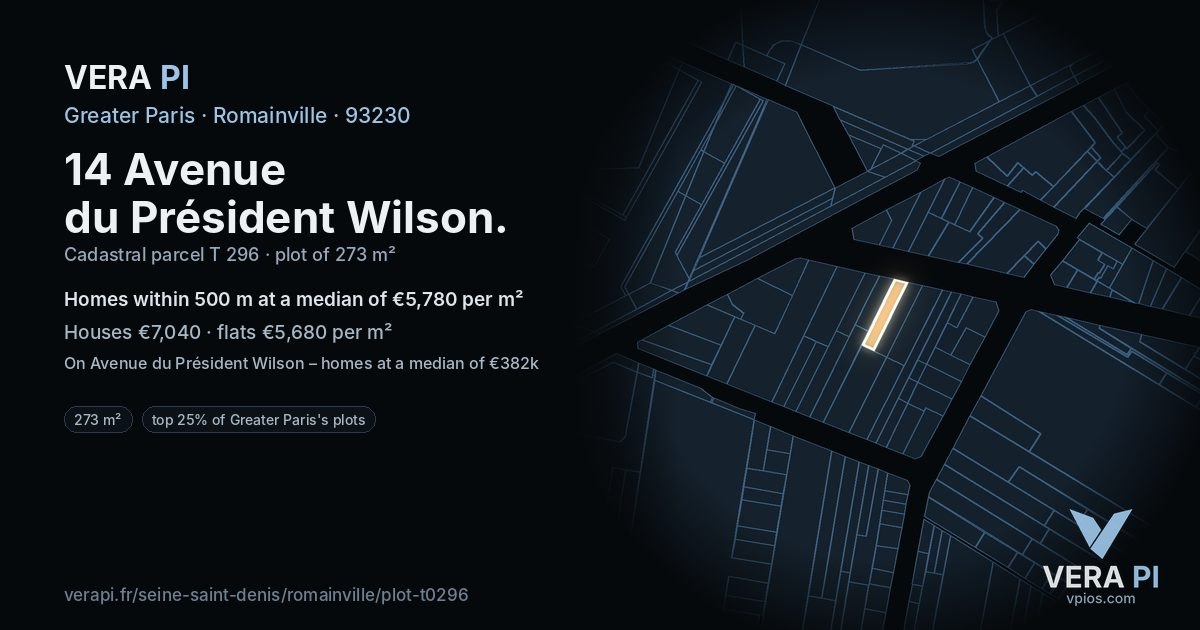 14 Avenue du Président Wilson, Romainville at night – the plot lit, the parcels around coloured by the prices near them