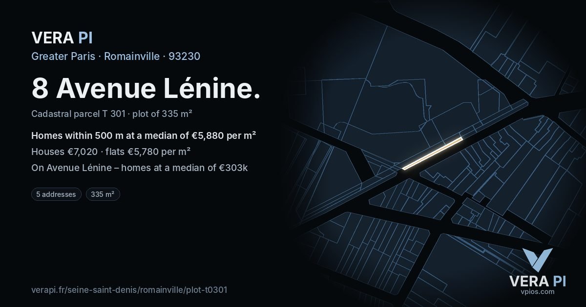 8 Avenue Lénine, Romainville at night – the plot lit, the parcels around coloured by the prices near them
