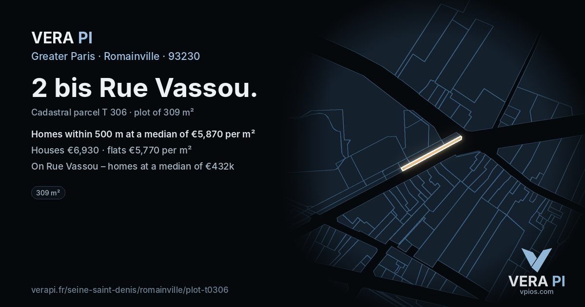 2 bis Rue Vassou, Romainville at night – the plot lit, the parcels around coloured by the prices near them