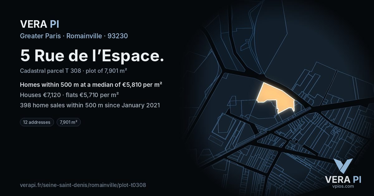 5 Rue de l’Espace, Romainville at night – the plot lit, the parcels around coloured by the prices near them