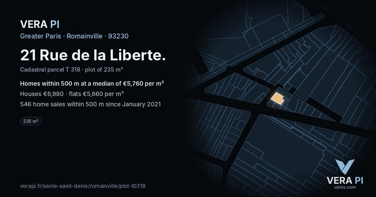 21 Rue de la Liberte, Romainville at night – the plot lit, the parcels around coloured by the prices near them