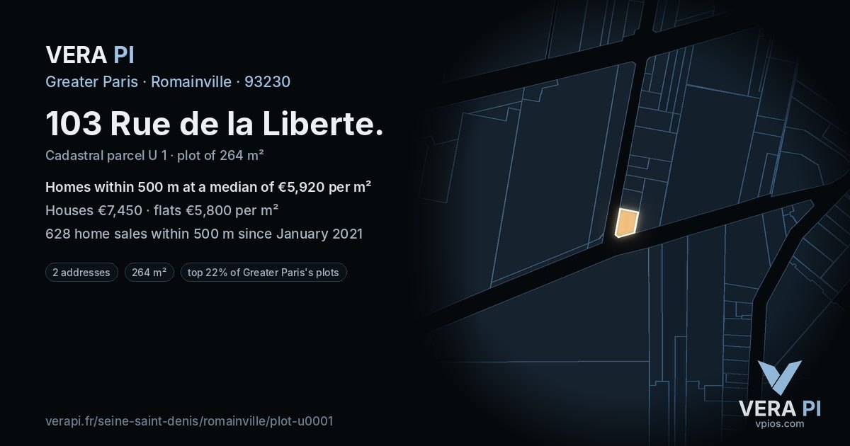 103 Rue de la Liberte, Romainville at night – the plot lit, the parcels around coloured by the prices near them