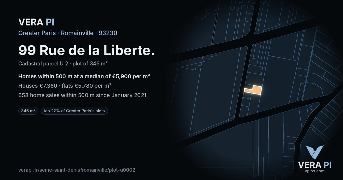 99 Rue de la Liberte, Romainville at night – the plot lit, the parcels around coloured by the prices near them
