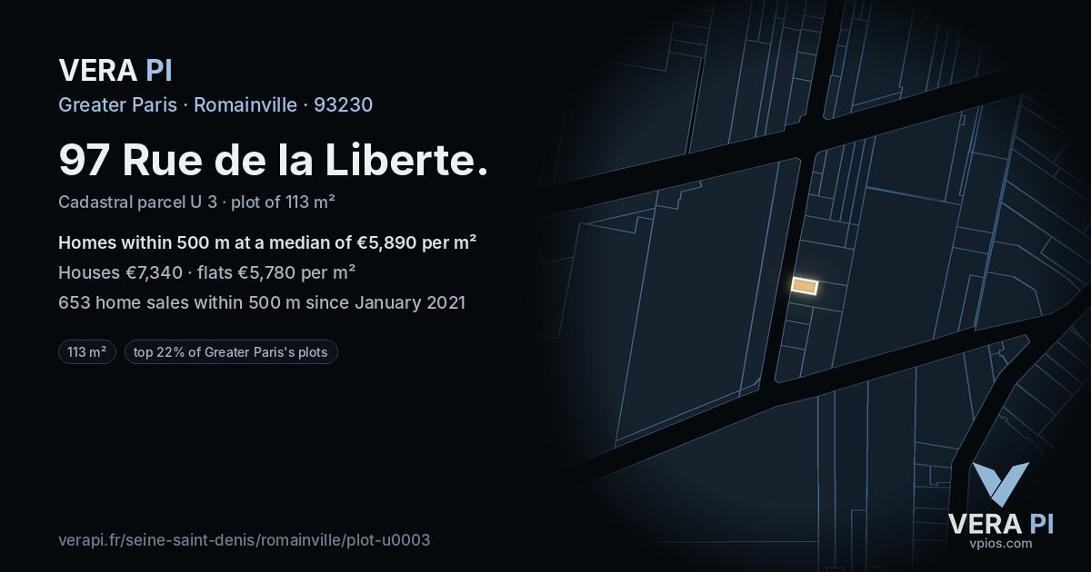 97 Rue de la Liberte, Romainville at night – the plot lit, the parcels around coloured by the prices near them