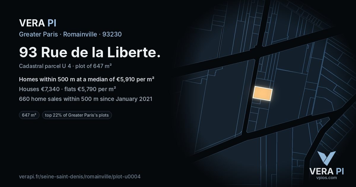 93 Rue de la Liberte, Romainville at night – the plot lit, the parcels around coloured by the prices near them