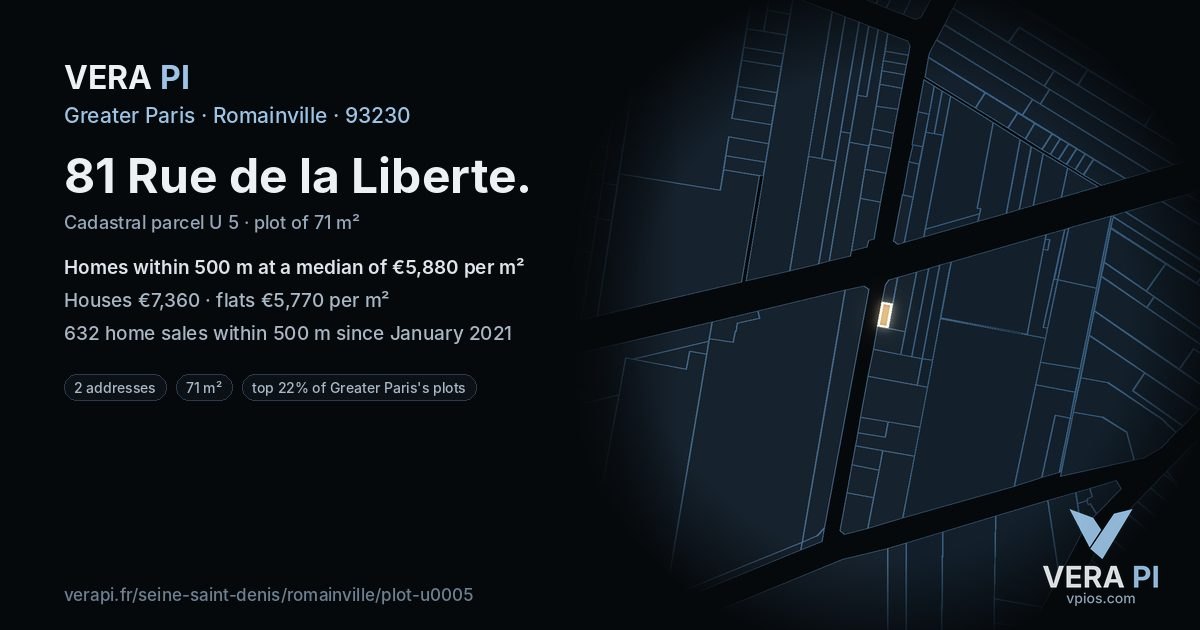 81 Rue de la Liberte, Romainville at night – the plot lit, the parcels around coloured by the prices near them