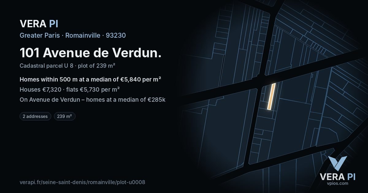 101 Avenue de Verdun, Romainville at night – the plot lit, the parcels around coloured by the prices near them
