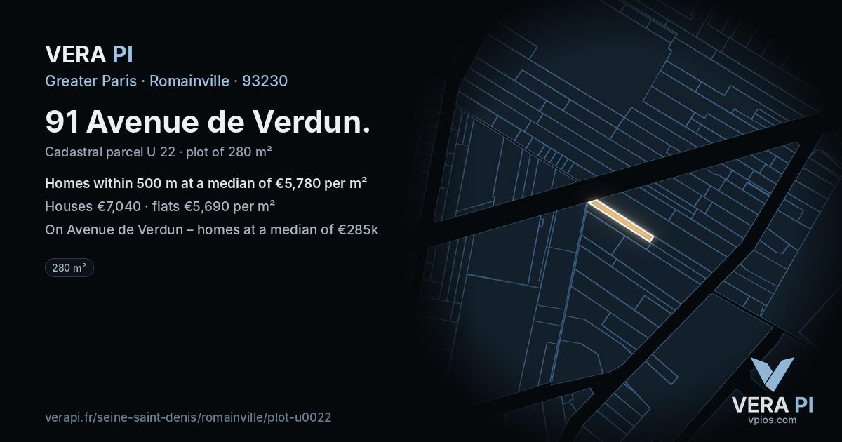91 Avenue de Verdun, Romainville at night – the plot lit, the parcels around coloured by the prices near them