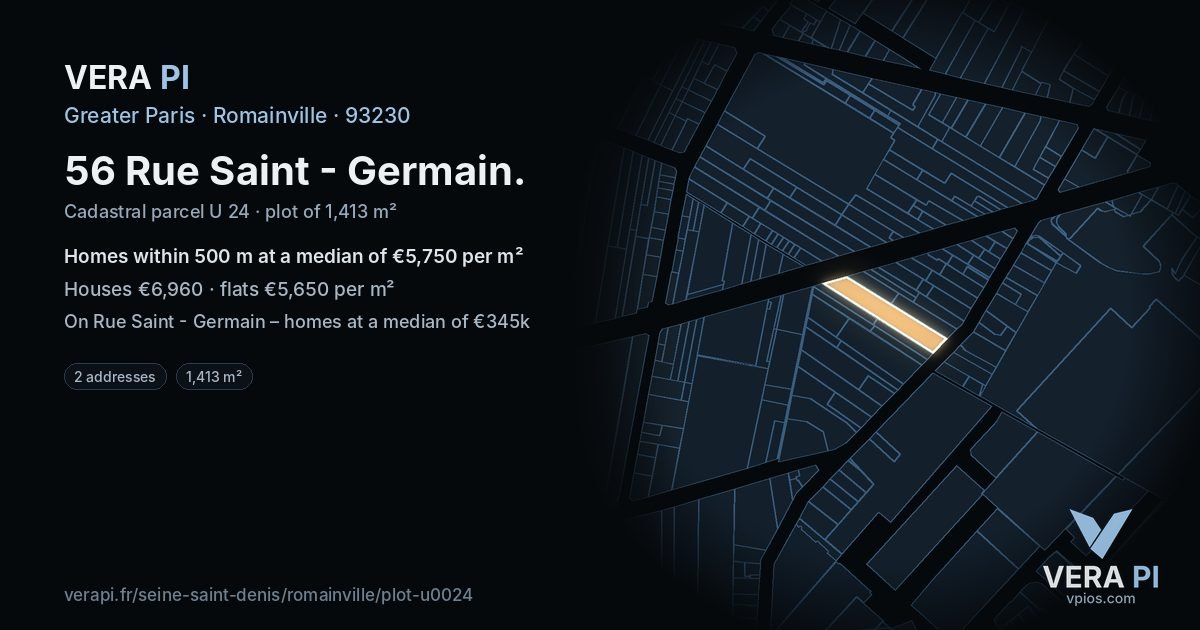 56 Rue Saint - Germain, Romainville at night – the plot lit, the parcels around coloured by the prices near them