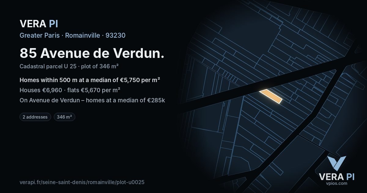 85 Avenue de Verdun, Romainville at night – the plot lit, the parcels around coloured by the prices near them