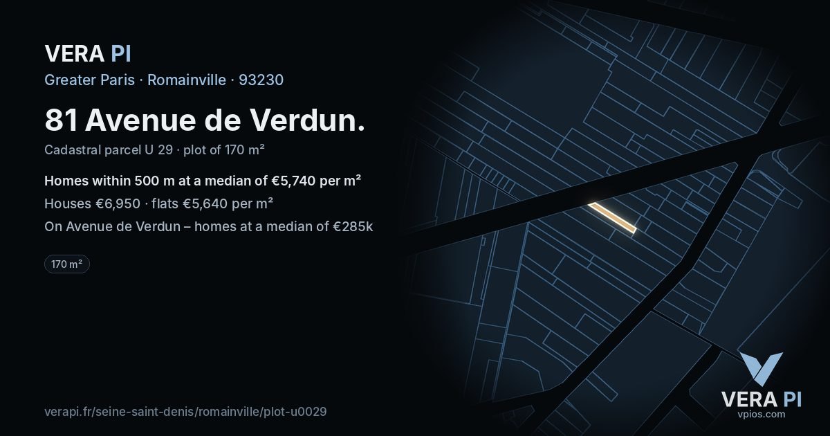 81 Avenue de Verdun, Romainville at night – the plot lit, the parcels around coloured by the prices near them