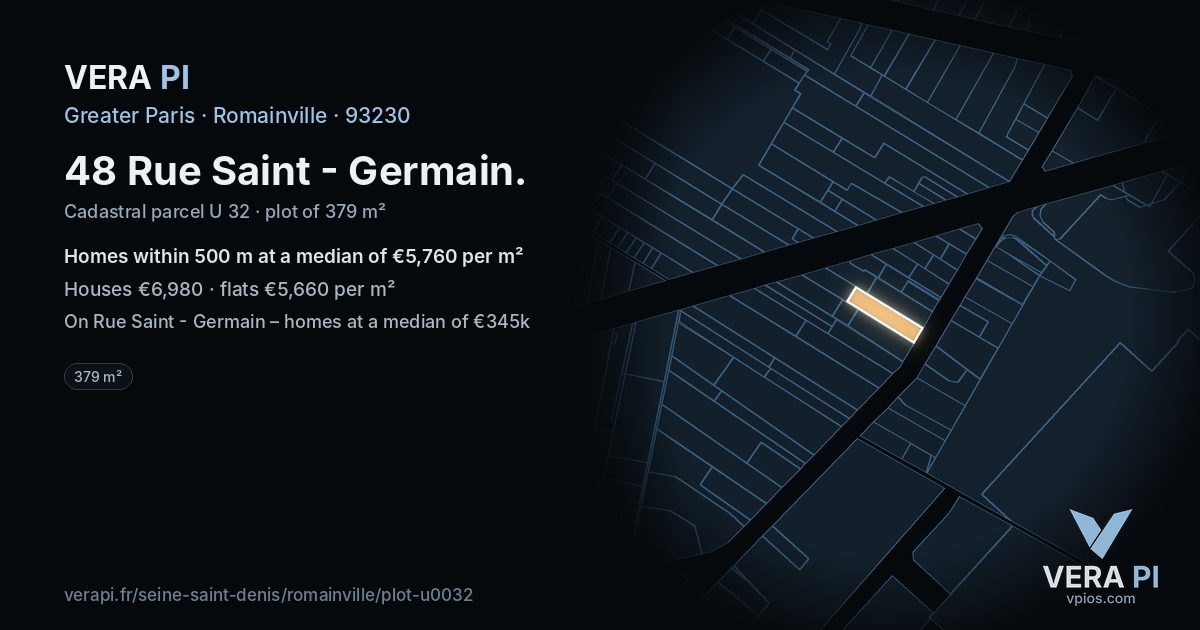 48 Rue Saint - Germain, Romainville at night – the plot lit, the parcels around coloured by the prices near them