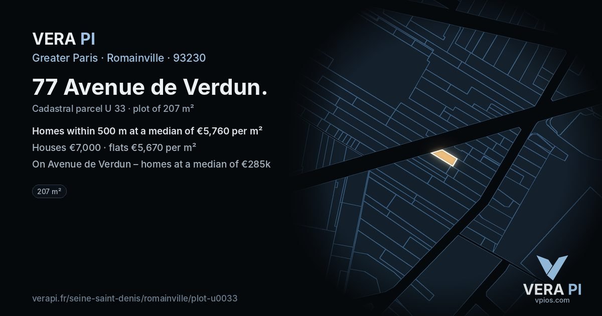 77 Avenue de Verdun, Romainville at night – the plot lit, the parcels around coloured by the prices near them