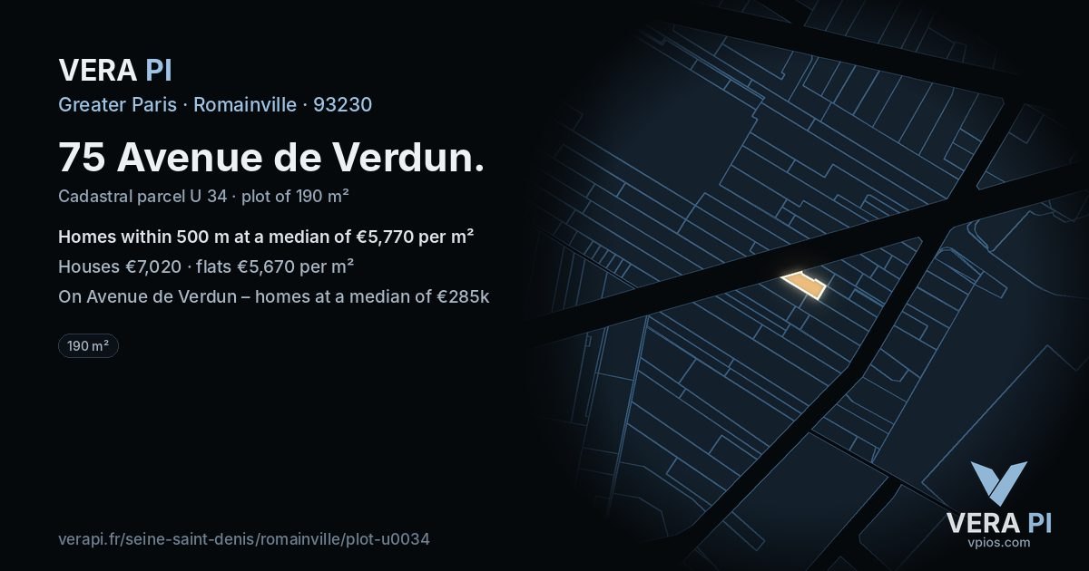 75 Avenue de Verdun, Romainville at night – the plot lit, the parcels around coloured by the prices near them
