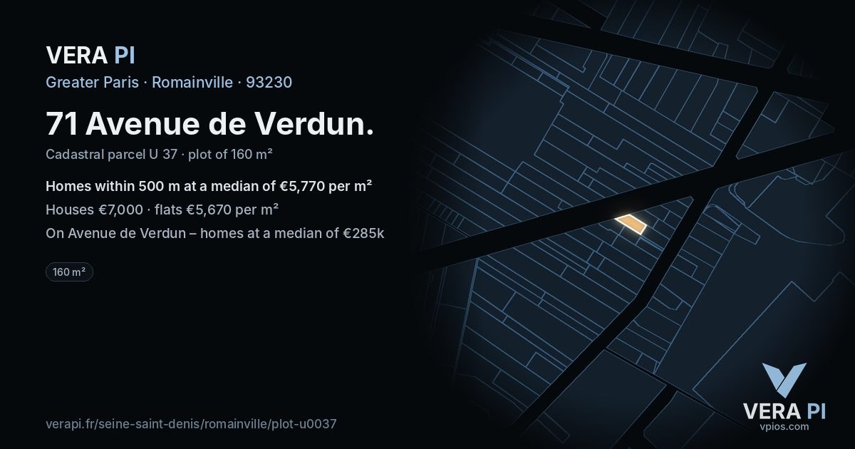 71 Avenue de Verdun, Romainville at night – the plot lit, the parcels around coloured by the prices near them