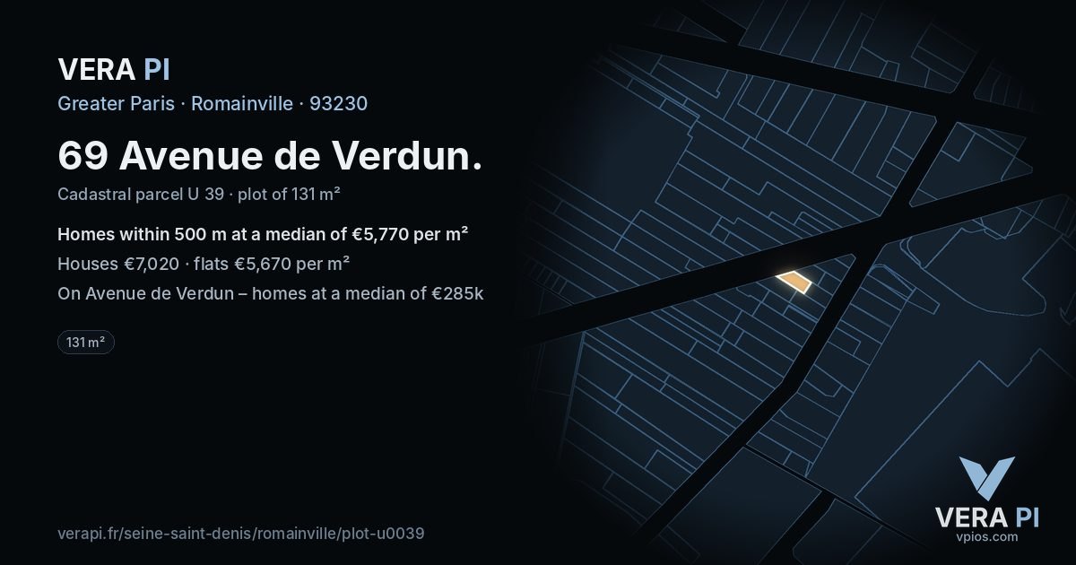 69 Avenue de Verdun, Romainville at night – the plot lit, the parcels around coloured by the prices near them