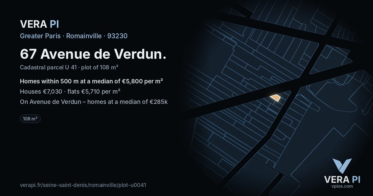 67 Avenue de Verdun, Romainville at night – the plot lit, the parcels around coloured by the prices near them