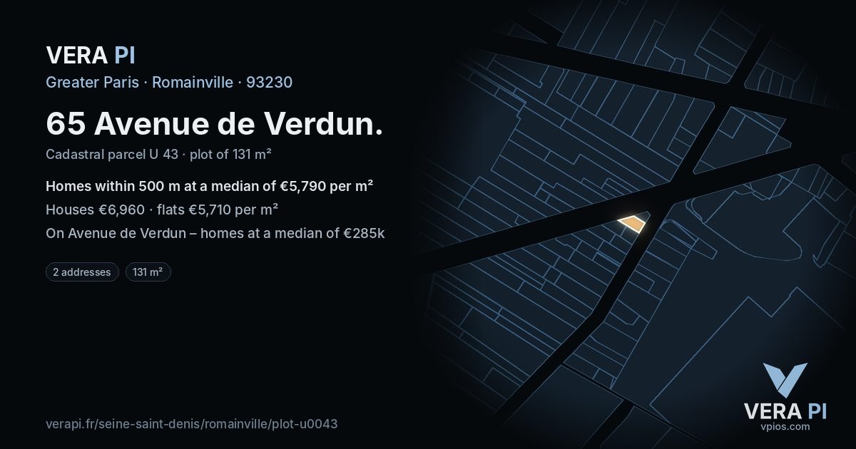 65 Avenue de Verdun, Romainville at night – the plot lit, the parcels around coloured by the prices near them