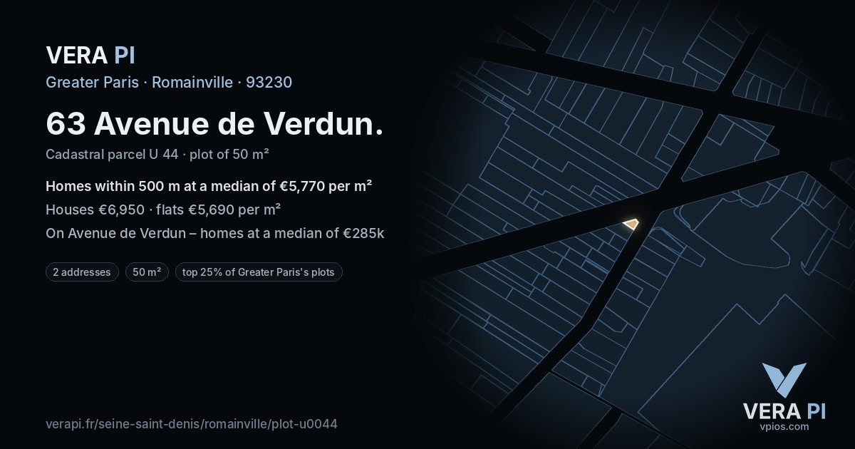 63 Avenue de Verdun, Romainville at night – the plot lit, the parcels around coloured by the prices near them