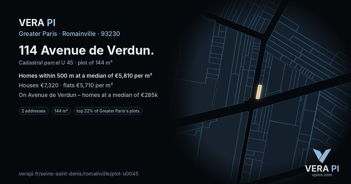 114 Avenue de Verdun, Romainville at night – the plot lit, the parcels around coloured by the prices near them