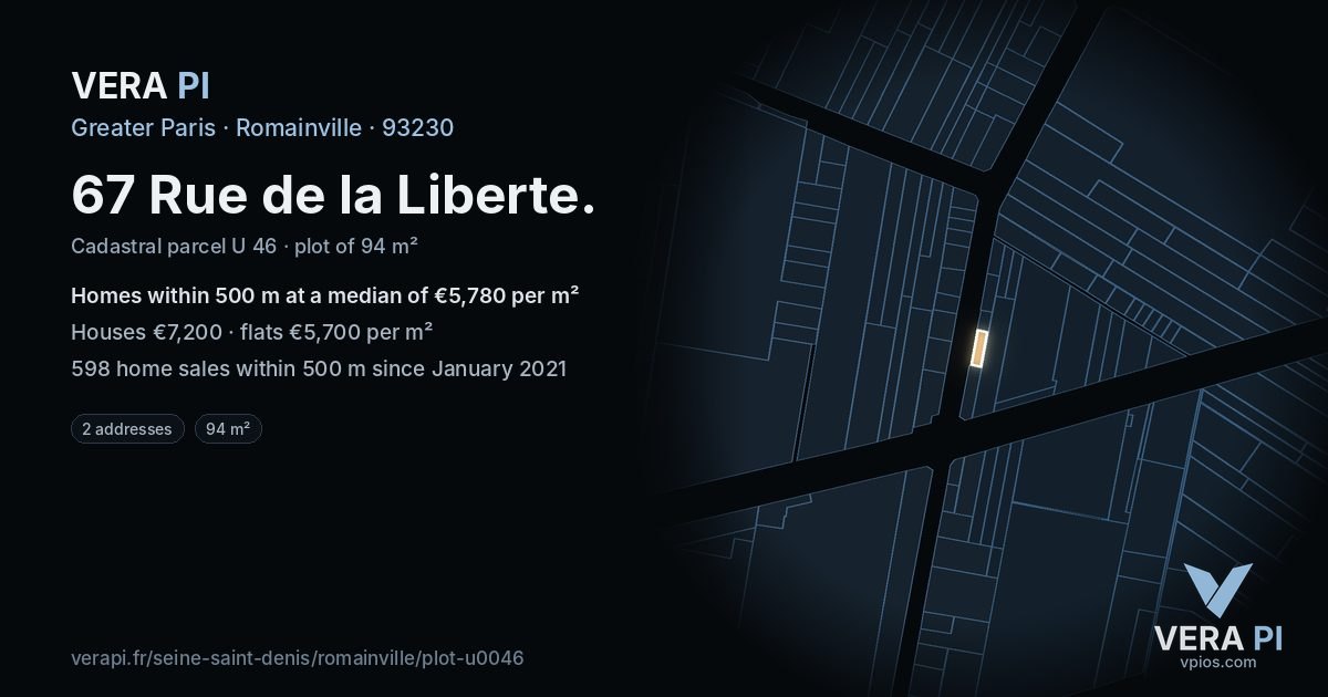 67 Rue de la Liberte, Romainville at night – the plot lit, the parcels around coloured by the prices near them