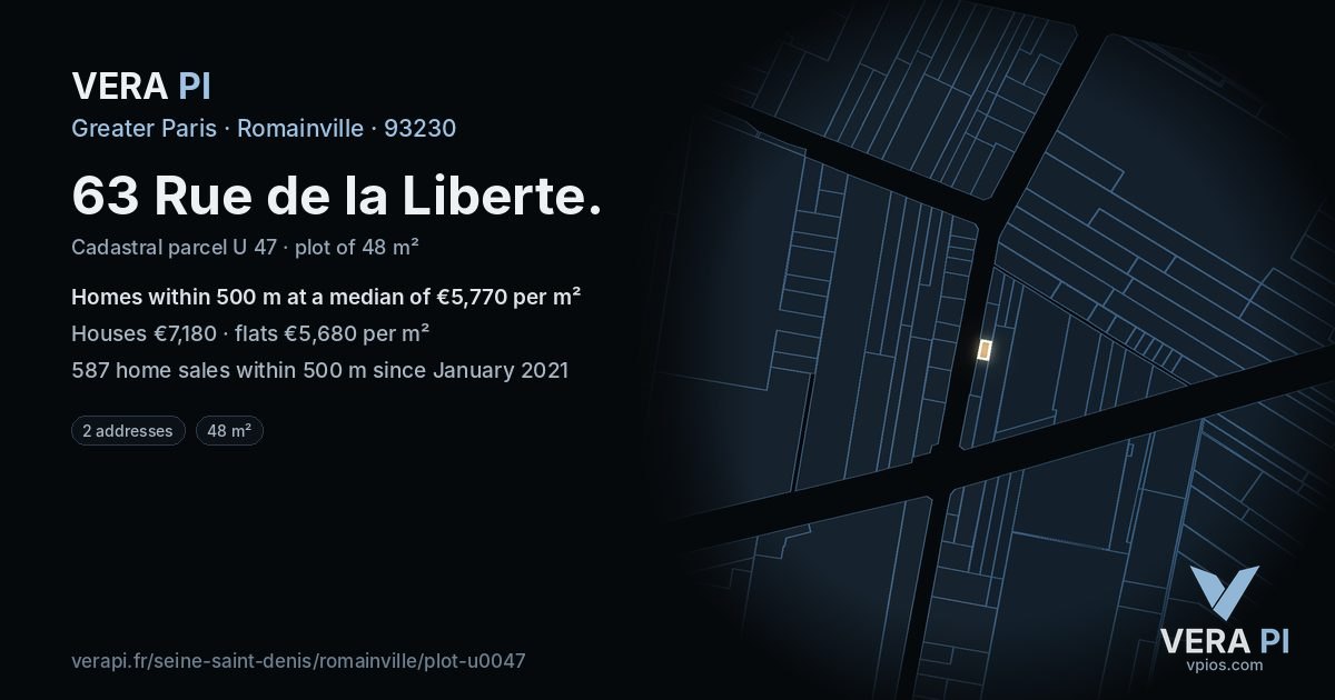 63 Rue de la Liberte, Romainville at night – the plot lit, the parcels around coloured by the prices near them