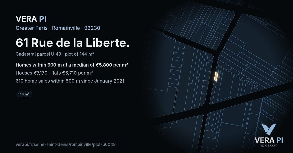 61 Rue de la Liberte, Romainville at night – the plot lit, the parcels around coloured by the prices near them