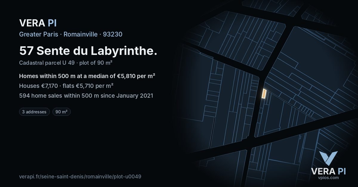 57 Sente du Labyrinthe, Romainville at night – the plot lit, the parcels around coloured by the prices near them