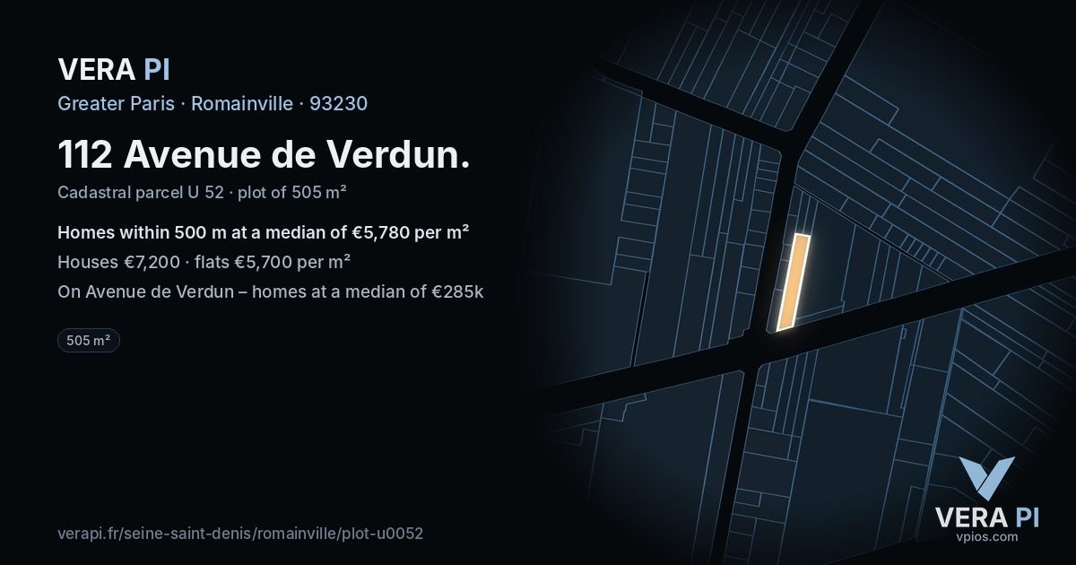 112 Avenue de Verdun, Romainville at night – the plot lit, the parcels around coloured by the prices near them