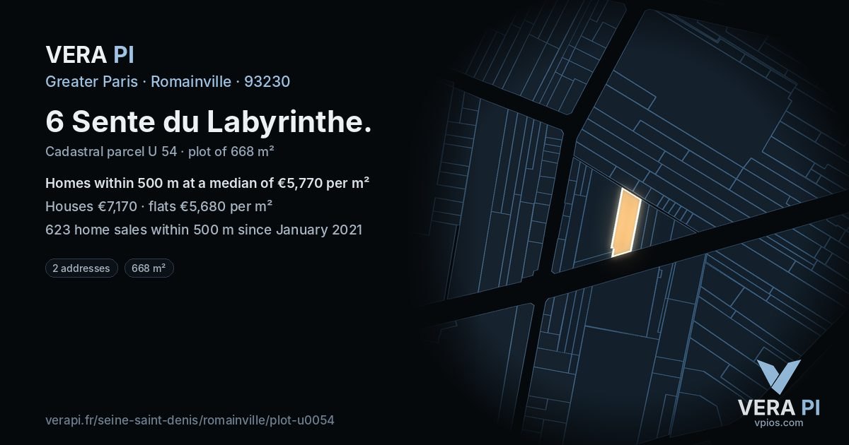 6 Sente du Labyrinthe, Romainville at night – the plot lit, the parcels around coloured by the prices near them
