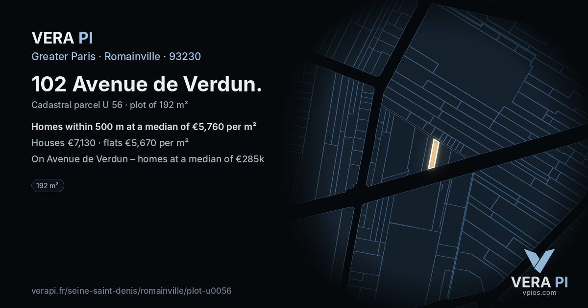 102 Avenue de Verdun, Romainville at night – the plot lit, the parcels around coloured by the prices near them